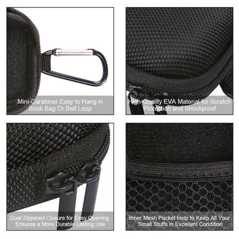 Heavy Duty EVA Hard Shell Travel Case With Secure Dual Zipper Built For Earbuds Phone Chargers Cables And Compact Gear showing mini carabiner and inner mesh pocket.