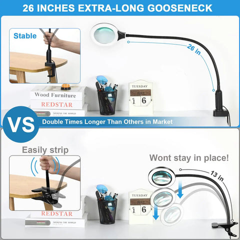 26 Inch Gooseneck Magnifying Lamp With Clamp Stepless Dimmable LED Desk Light 5 Color Modes 8x Real Glass Magnifier Hands Free For Painting Close Work Craft And Hobby Projects
