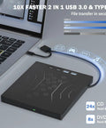 7 In 1 External CD DVD Drive For Laptop With USB 3.0 And Type C Support, Fast Data Transfer Up To 5 Gbps, Backward Compatible With USB 2.0 And USB 1.1, Reads And Burns CDs And DVDs, Plug And Play, Portable External Drive, black slim drive connected to laptop