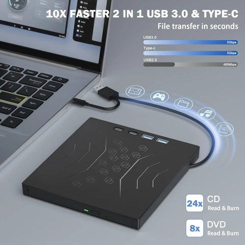 7 In 1 External CD DVD Drive For Laptop With USB 3.0 And Type C Support, Fast Data Transfer Up To 5 Gbps, Backward Compatible With USB 2.0 And USB 1.1, Reads And Burns CDs And DVDs, Plug And Play, Portable External Drive, black slim drive connected to laptop