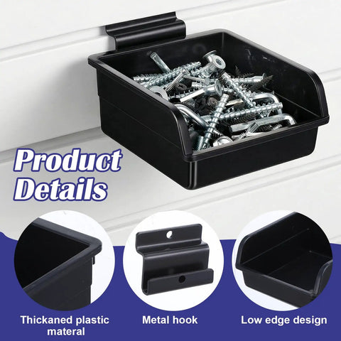 12 Pack Slatwall Bins With Hooks For Garage Or Workshop Organization Durable ABS Plastic Bins And Stainless Steel Hooks Set