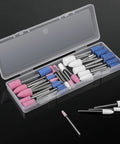 36 Piece Shank Mounted Abrasive Stone Grinding Points Set For Rotary Tools One Eighth Inch Shank In Three Colors Two Shapes Six Sizes With Plastic Box Go To Finishing Kit displayed in a clear storage box with various colored grinding heads.