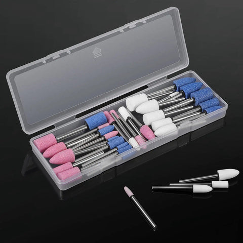36 Piece Shank Mounted Abrasive Stone Grinding Points Set For Rotary Tools One Eighth Inch Shank In Three Colors Two Shapes Six Sizes With Plastic Box Go To Finishing Kit displayed in a clear storage box with various colored grinding heads.
