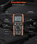 Digital Multimeter 6000 Count TRMS Auto Ranging For DC AC Voltage And Current Resistance Capacitance Temperature Diodes Continuity And Low Impedance Testing For DIYers And Pros, front display with measurement mode labels, set on workbench
