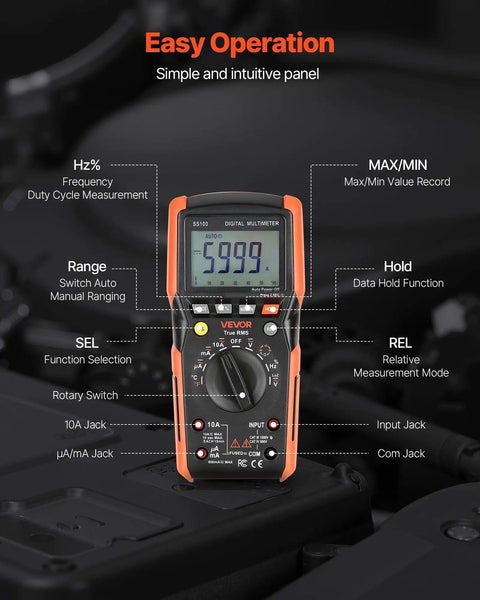 Digital Multimeter 6000 Count TRMS Auto Ranging For DC AC Voltage And Current Resistance Capacitance Temperature Diodes Continuity And Low Impedance Testing For DIYers And Pros, front display with measurement mode labels, set on workbench