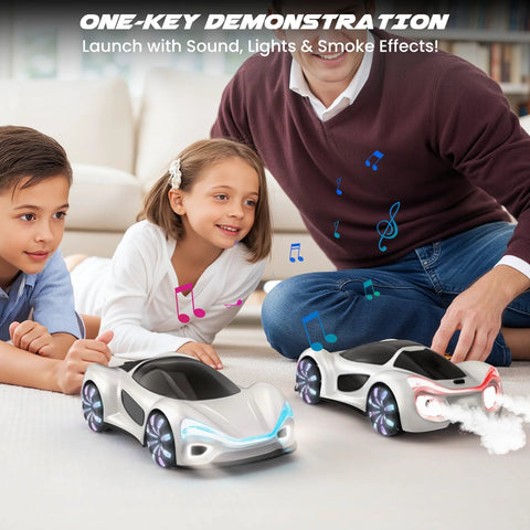 Two white SIMREX gesture-sensing RC stunt cars with LED lights on a living room carpet, kids and adult playing nearby.