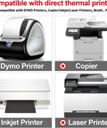 Image of various non-compatible printers, including Dymo, copier, inkjet, and laser printers, not suitable for direct thermal labels.