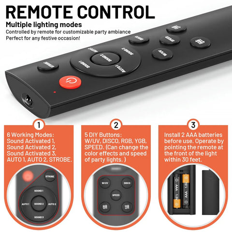 Remote control for Disco Ball Light Party Lamp With Sunset Mode showing 6 working modes and 5 DIY buttons