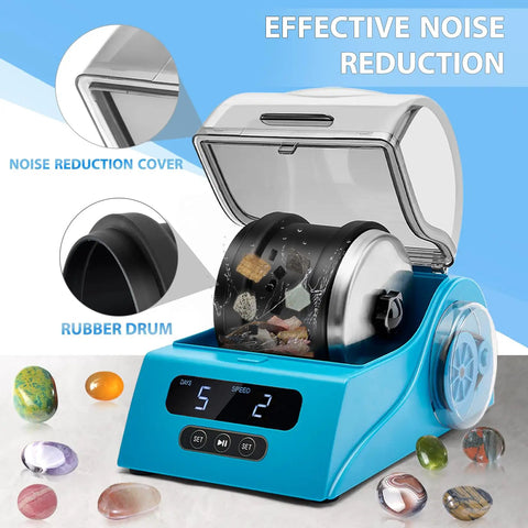 All In One Rock Polisher Kit With Noise Reducing Cover Variable Speed And Timer Includes Four Polishing Grits Rough Gemstones Learning Guide And Blue Finish For Hands On Gem Hobbyists with gemstones