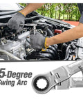 Mechanic using 14 Piece Ratchet Spanner Set With Multitool Wrenches for car repair under hood with 5-degree swing arc detail
