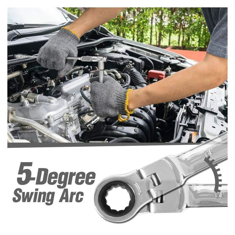Mechanic using 14 Piece Ratchet Spanner Set With Multitool Wrenches for car repair under hood with 5-degree swing arc detail