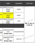 Chart detailing Gas Lens Collet Body And TIG Collets Kit For TIG Welding Torch WP-17 WP-18 WP-26 Series, showing compatibility.