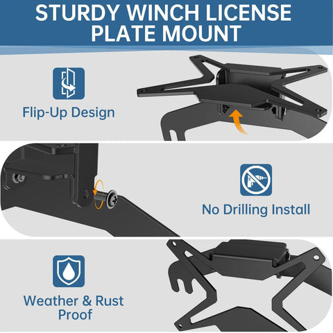 Universal Flip Up License Plate Mount For 10 Inch Hawse Fairlead Front Bumper Off Road Ready Bracket For Pickups And SUVs Compatible With Winches Rope Guides And Hook Systems, black steel flip-up mount