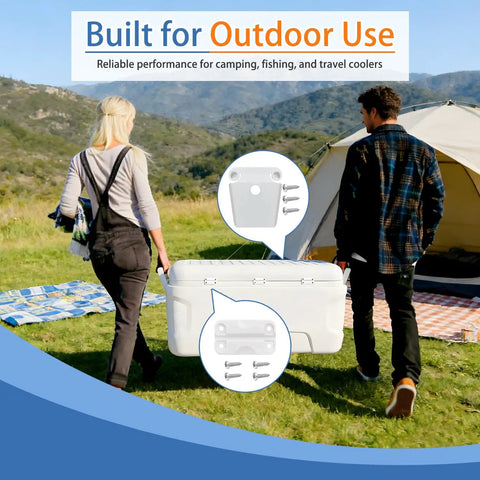 Cooler Hinge Replacement Kit With Screws For 50 To 165 Qt Coolers 4 Pack beefy white plastic hinges on a camping cooler