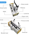 Diagram of 14 Inch Manual Roller Lacer Conveyor Belt Lacing Tool with labeled parts; clamp handle, rotary handle, slideway.