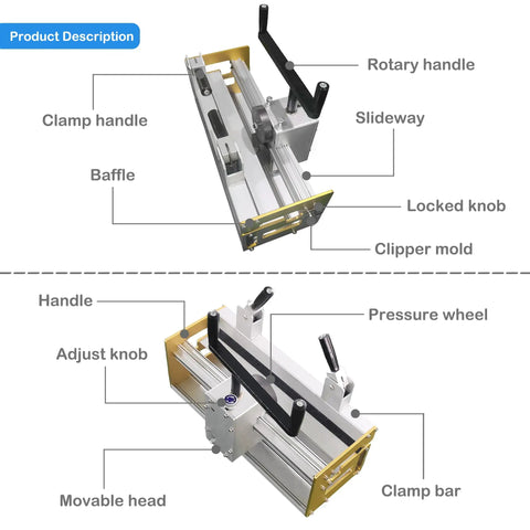 Diagram of 14 Inch Manual Roller Lacer Conveyor Belt Lacing Tool with labeled parts; clamp handle, rotary handle, slideway.