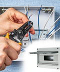 Hands using wire stripper on 12 Way Circuit Breaker Distribution Box Waterproof IP65 Enclosure For Outdoor And Indoor Use With DIN Rail Mount PC ABS Built Tough Durable MCB Power Protection Box 10.2 X 4.3 X 7.9 Inches