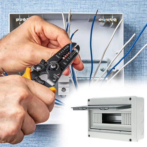Hands using wire stripper on 12 Way Circuit Breaker Distribution Box Waterproof IP65 Enclosure For Outdoor And Indoor Use With DIN Rail Mount PC ABS Built Tough Durable MCB Power Protection Box 10.2 X 4.3 X 7.9 Inches