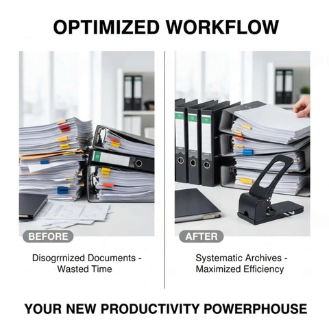 Before and after using Tough As Nails Heavy Duty 2 Hole Punch For Office, School, And Home, organized binders vs messy documents.