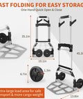Heavy Duty Folding Hand Truck With 360 Degree Rotating Handle And Rock Solid 330 Lbs Capacity Smooth Rolling Aluminum Dolly Cart shown with dimensions for easy storage.