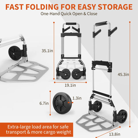 Heavy Duty Folding Hand Truck With 360 Degree Rotating Handle And Rock Solid 330 Lbs Capacity Smooth Rolling Aluminum Dolly Cart shown with dimensions for easy storage.