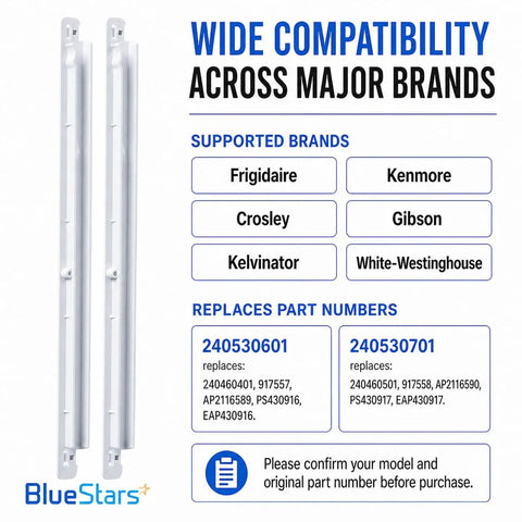 Left And Right Refrigerator Drawer Slide Rails Replacement Kit For Kenmore And Frigidaire displayed with compatibility info.