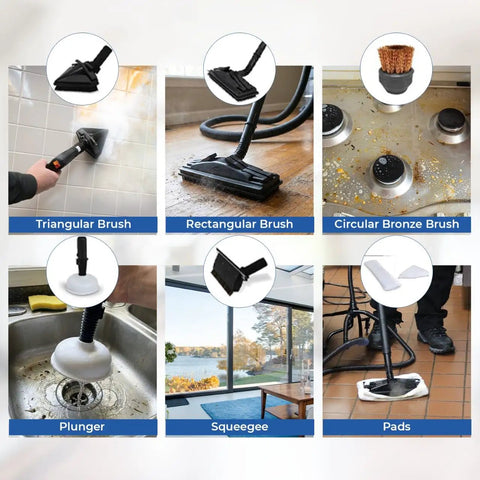 Various attachments for Compact Dry Steam Cleaner 1700W including brushes, plunger, squeegee, and pads for flexible cleaning.