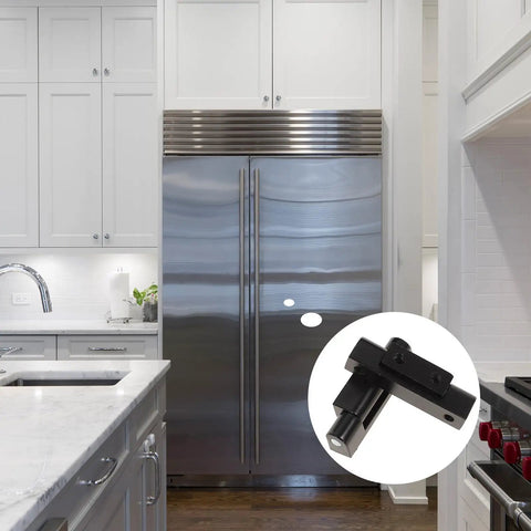Kitchen scene with stainless steel fridge and inset of Two Piece Black Aluminum Alloy Cabinet Door Hinges With Bearing Easy Remove Reinforced Hinges For Control Cabinets And Chassis Heavy Duty Rust Resistant Durable Replacement Parts For Distribution Boxes