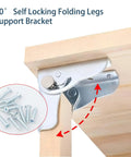 Heavy Duty Silver Four Pack Folding Leg Support Brackets With Self Locking Hinge For Table Bed And Workbench Extension Hardware showing 90° angle and screws.