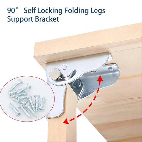 Heavy Duty Silver Four Pack Folding Leg Support Brackets With Self Locking Hinge For Table Bed And Workbench Extension Hardware showing 90° angle and screws.