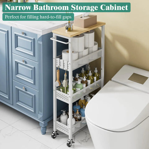 Slim Rolling Storage Cart, 4 Tier Mobile Organizer With Wood Top And Handle in bathroom next to sink and toilet