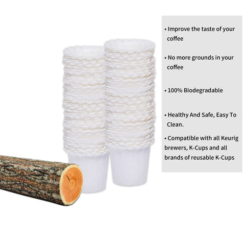 Stack of disposable paper filters for Keurig K Cup Pods, 100 count, biodegradable, next to log symbolizing natural materials.