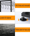 Heavy Duty Corner Garden Tool Rack Organizer for Garage and Shed with 31 holes, hooks, levelers, and thicker plate details.