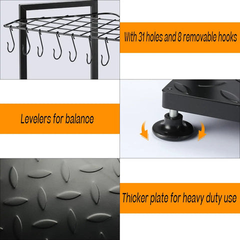 Heavy Duty Corner Garden Tool Rack Organizer for Garage and Shed with 31 holes, hooks, levelers, and thicker plate details.