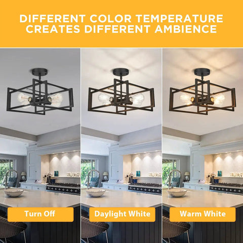 Industrial 4 Light Semi Flush Mount Ceiling Light Fixture Black Metal Farmhouse Style in kitchen with different light temperatures.