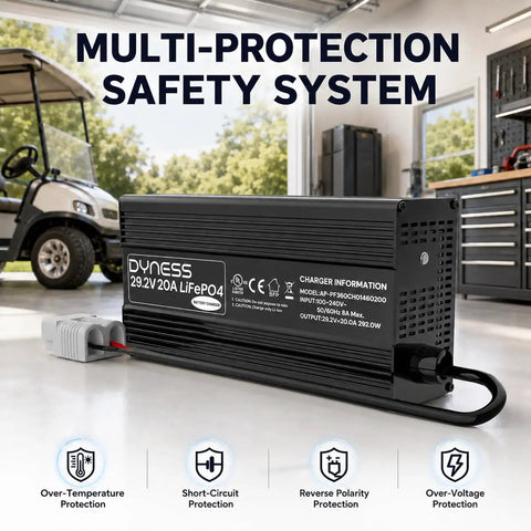 Built Different 24V LiFePO4 Battery Charger 20 Amp Fast Charge with Anderson Connector in garage setting, showcasing safety features.