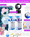 Beginner Resin Craft Kit With Molds And Silicone For Epoxy Resin Projects Includes Dried Flowers Foil Flakes Necklace Cord Earring Hooks Plus Tools And Easy Instructions For DIY Jewelry Making; epoxy resin bottles, molds, and tools displayed.