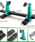 Green Adjustable PCB Holder Soldering Clamp For Circuit Board Helping Hand Soldering Tool Holder Motherboard Frame Stand With Pen Holder And Repair Tools For Precise PC Board Work, featuring metal base, ABS grip, and soldering iron holder