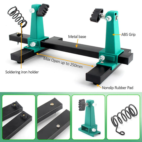 Green Adjustable PCB Holder Soldering Clamp For Circuit Board Helping Hand Soldering Tool Holder Motherboard Frame Stand With Pen Holder And Repair Tools For Precise PC Board Work, featuring metal base, ABS grip, and soldering iron holder