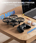 Kid Friendly Indoor Drone With Obstacle Avoidance And 20 Minute Flight Time With Two Batteries Included on table with controller