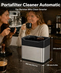 Top Shelf Electric Portafilter Cleaner With Automatic Dual Brush Fits 51mm And 58mm Filters on counter used by baristas.