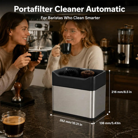 Top Shelf Electric Portafilter Cleaner With Automatic Dual Brush Fits 51mm And 58mm Filters on counter used by baristas.