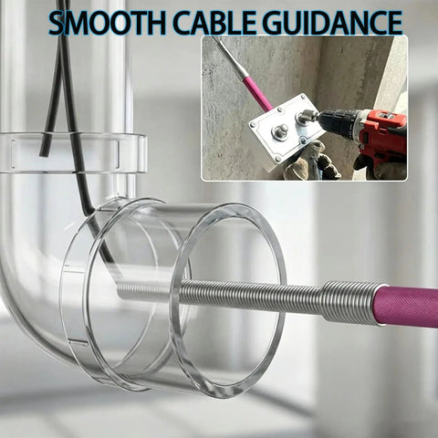 Professional Automatic Wire Puller And Cable Threader For Conduit showing clear cable guidance through PVC pipe, with drill adapter visible.