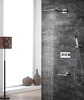 CUTPOIY Shower Set, Wall Bathroom Shower Mixers, Black Golden Brass Rainfall Concealed Shower System Embedded Box Mixer Valve, 16 Inch-A in modern bathroom.