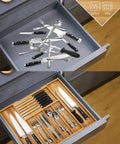Natural Bamboo Utensil Drawer Organizer Expandable Cutlery Tray With Seven Flexible Slots before and after organization comparison.