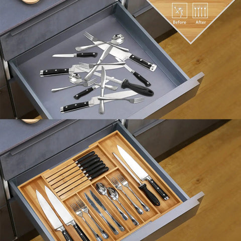 Natural Bamboo Utensil Drawer Organizer Expandable Cutlery Tray With Seven Flexible Slots before and after organization comparison.