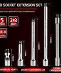 Five Piece Three Eighths Inch Drive Extension Bar Set Including Three Six And Ten Inch Extensions Universal Joint Socket Flexible