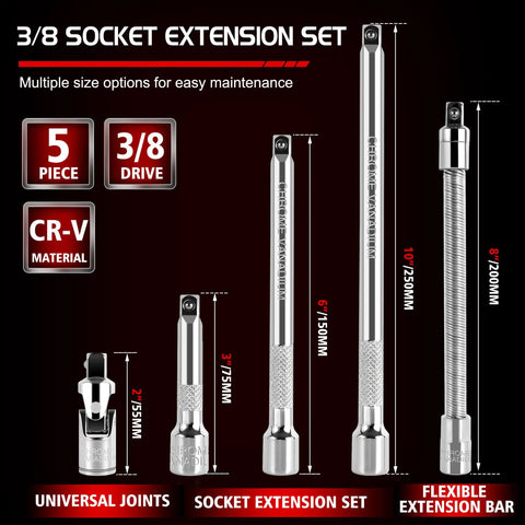 Five Piece Three Eighths Inch Drive Extension Bar Set Including Three Six And Ten Inch Extensions Universal Joint Socket Flexible