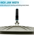 Front view of a 9-inch zinc alloy hand seamer with a ribbed black grip and teal accents for bending metal sheets.
