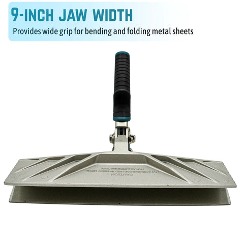 Front view of a 9-inch zinc alloy hand seamer with a ribbed black grip and teal accents for bending metal sheets.